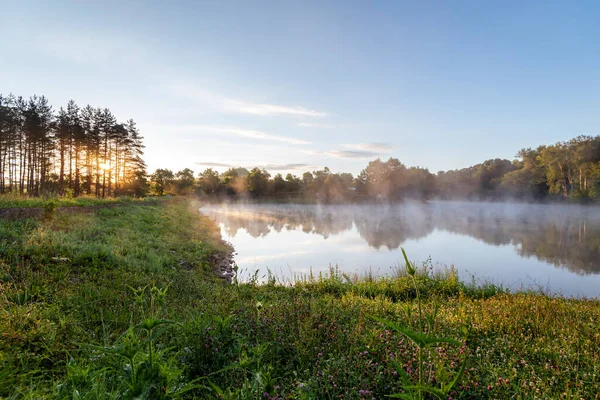 Foggy River Matin Été Lever Soleil Brumeux Sur Rivière — Photo