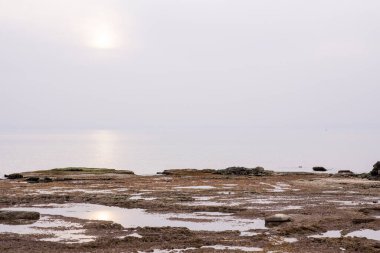Sisli bir günde, Jaffa sahilinde küçük bir balıkçı teknesi. Barış, sessizlik ve sükunet kavramı. Yüksek anahtarlı fotoğrafçılık