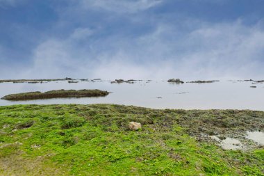 Sisli bir günde, Jaffa sahilinde küçük bir balıkçı teknesi. Barış, sessizlik ve sükunet kavramı. Yüksek anahtarlı fotoğrafçılık