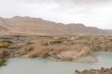 Ölü Deniz kıyısı yakınlarında, turkuaz suyla dolu bir subatan. Deniz seviyesindeki düşüşün devam etmesi nedeniyle tatlı su girmesiyle yeraltı tuzu çözüldüğünde delik oluştu. - Evet. Yüksek kalite fotoğraf