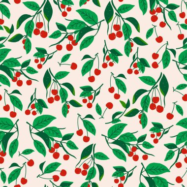 Vektör kırmızı kiraz yaprağı illüstrasyonu kusursuz tekrarlanmayan desen ev dekorasyonu moda kumaşı ve tekstil grafik kaynağı dijital sanat eseri