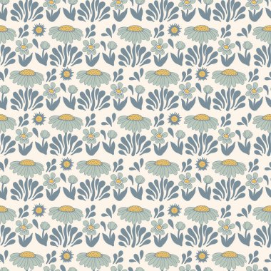 Vektör retro rengi İskandinavya çiçeği ve güneş çizimi pürüzsüz tekrar desenli ev dekorasyonu moda kumaşı ve tekstil dijital sanat eseri grafik kaynağı