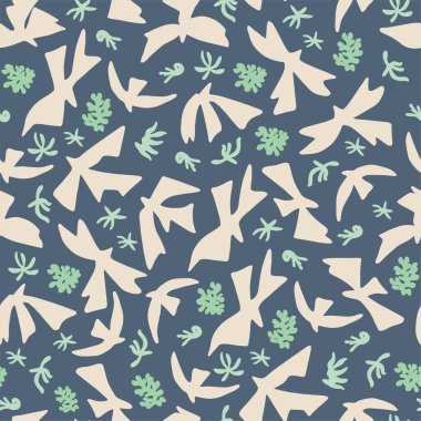 Vektör kuşlar ve doğa çiçekleri basit şekiller çizimler kusursuz tekrarlar ev dekoru desen kumaş ve tekstil grafik kaynağı