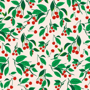 Kırmızı kiraz ağacı yaprağı çizimi kusursuz tekrarlanmayan desen ev dekoru baskı moda kumaşı ve tekstil grafik kaynak dijital sanat eserleri