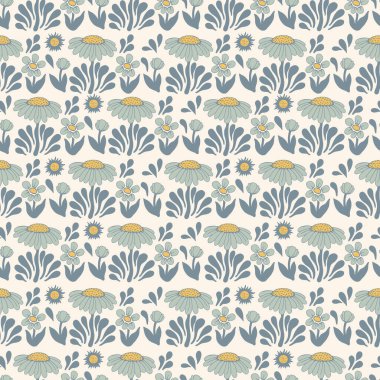 Retro rengi İskandinavya çiçeği ve güneş çizimi pürüzsüz tekrar desenli ev dekoru desenli moda kumaşı ve tekstil dijital grafik kaynağı