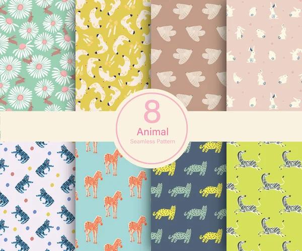 Vektör Hayvan temalı illüstrasyon 8 farklı desen koleksiyon seti kedi, tavşan, kuş, zebra, kaplan mutfağı ve ev dekorasyonu moda kumaş dijital sanat eserleri cazibesi