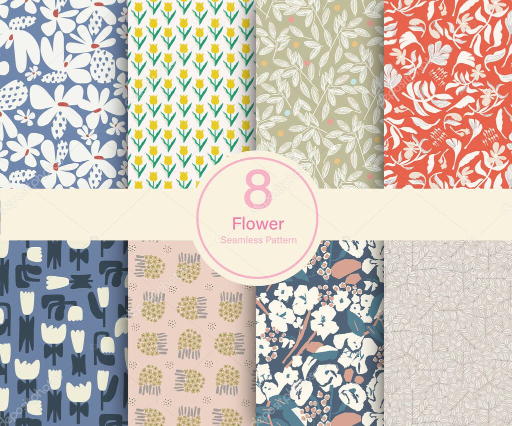 Vector flower botanical theme illustration 8 kinds repeat pattern collection set kitchen and home decor print fashion fabric textile digital artwork templet