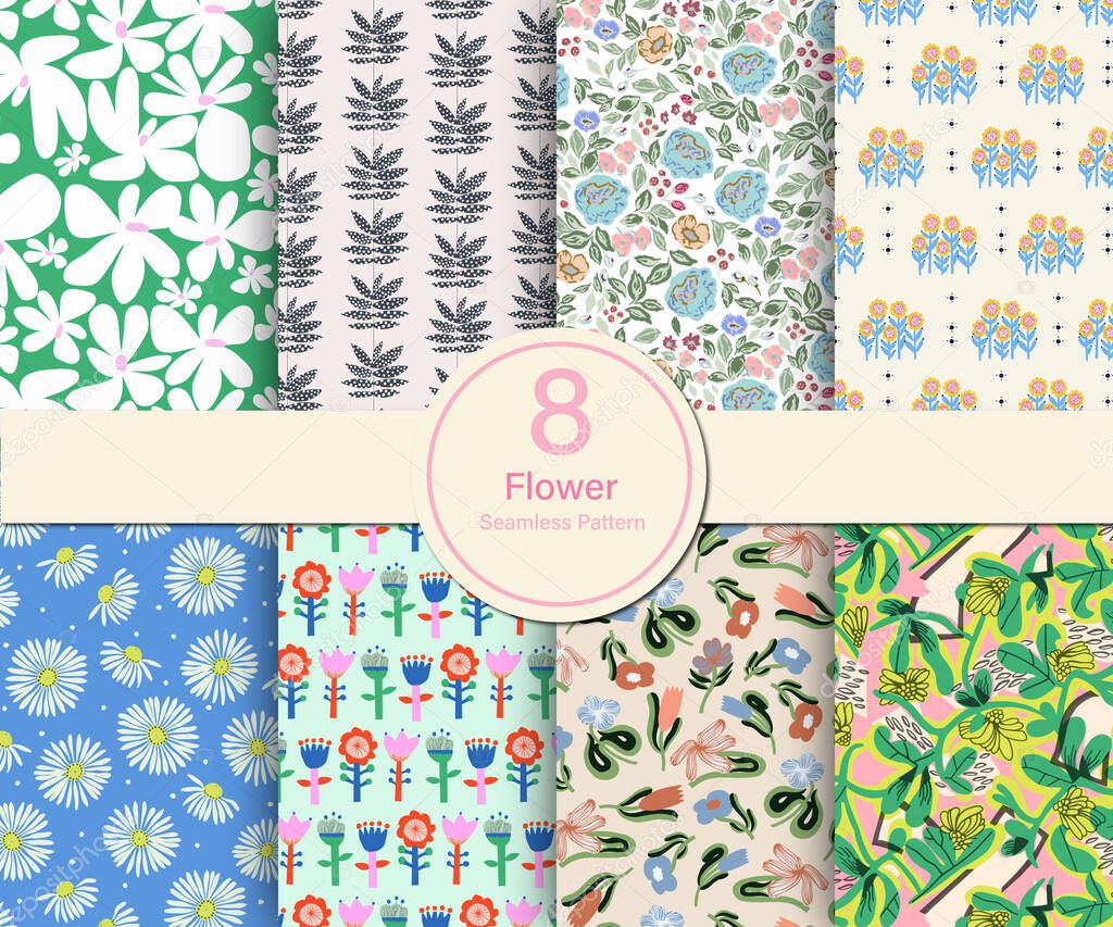 Vector flower botanical theme illustration 8 kinds repeat pattern collection set kitchen and home decor print fashion fabric textile digital artwork templet