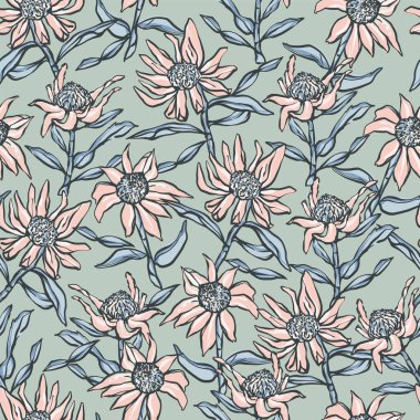 Vektör elle çizilmiş ayçiçeği çizimi kusursuz tekrar desenli ev dekorasyonu tekstil dijital sanat baskısı 