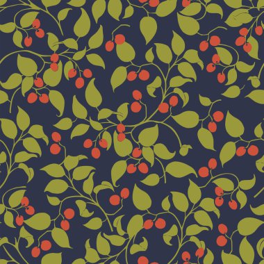 Vektör çilek ağacı ve yaprak illüstrasyonu kusursuz. Moda desenleri, ev dekorasyonu, tekstil dijital sanat eserleri.