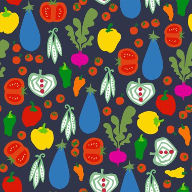 Vektör sebzeler, resimleme motifini ev ve mutfak dekoru tekstil dijital sanat eserleri gibi pürüzsüz tekrarlar olarak ayarladı  