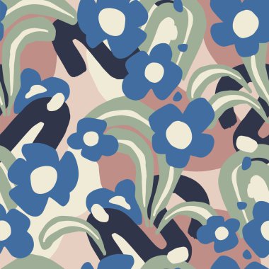 Çağdaş çağdaş çiçek ve kolaj illüstrasyon motifini şekillendirir. Kusursuz tekrar modelidir. Mutfak baskı kumaşı, tekstil dijital sanat eserleri.