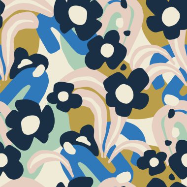Çağdaş çağdaş çiçek ve kolaj illüstrasyon motifini şekillendirir. Kusursuz tekrar modelidir. Mutfak baskı kumaşı, tekstil dijital sanat eserleri.