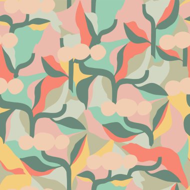 Vektör soyut botanik şekiller katmanlı illüstrasyon kusursuz tekrarlanmayan moda mutfak baskı kumaş tekstil dijital sanat eserleri