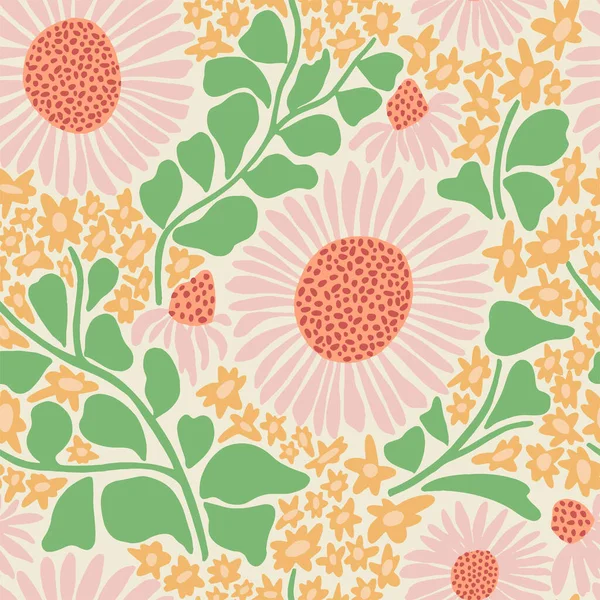 Vector Met Hand Getekend Retro Zonnebloem Illustratie Naadloze Herhaling Patroon — Stockvector