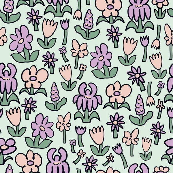 Vector Hand Drawn Doodle Flowers Illustration Seamless Repeat Pattern Kids — Stock Vector