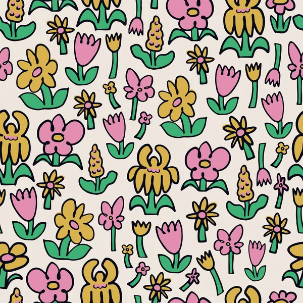 Vector Dibujado Mano Doodle Flores Ilustración Sin Costuras Patrón Repetición — Archivo Imágenes Vectoriales