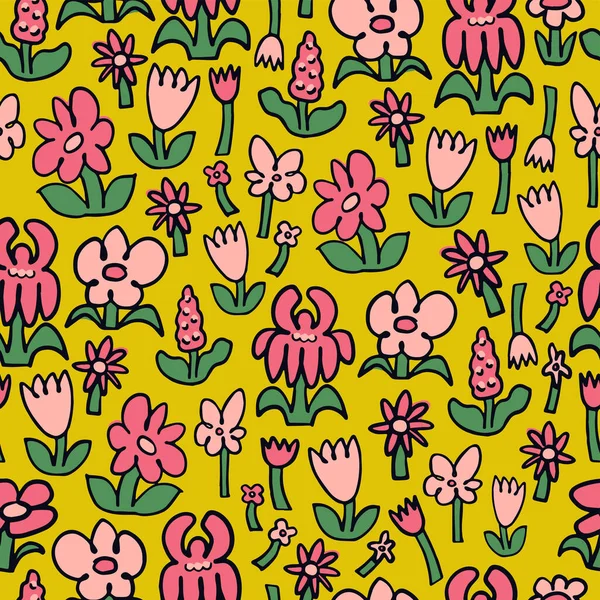 Vetor Desenhado Mão Doodle Flores Ilustração Sem Costura Repetição Padrão — Vetor de Stock