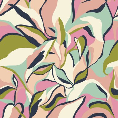 Vektör soyut yaprak ve modern şekiller çizim kusursuz tekrarlama desen moda ve ev dekoru dijital sanat eserleri