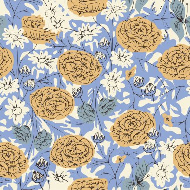 Vektör gül kalem çizimi kusursuz tekrarlanmayan desen moda ve ev dekoru dijital sanat eserleri