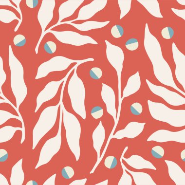 Vektör yaprağı ve polka noktalar kusursuz tekrarlanmayan desen moda ve ev dekoru dijital sanat eserleri