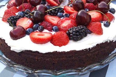 çırpılmış krema ve meyve ile çikolatalı kek