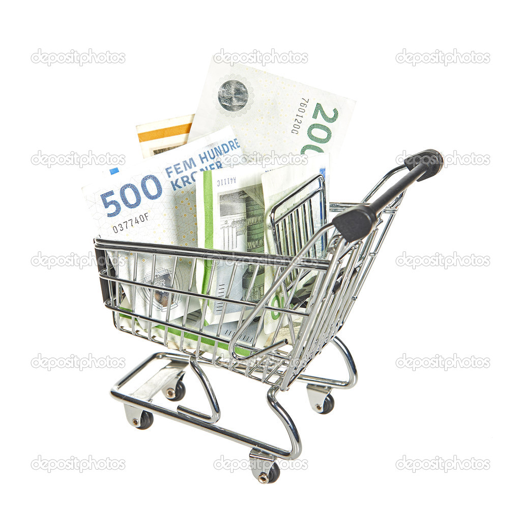 Shopping cart filled with danish bills