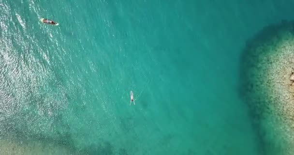 Young Woman Little Boy Paddleboard Mother Her Son Riding Paddleboard — Stock Video