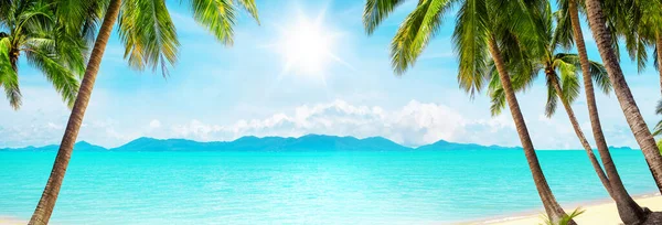 Beautiful tropical beach panorama, exotic island panoramic view, turquoise sea water, ocean waves, sand, green palm tree leaves, sun blue sky white clouds background, summer holidays, vacation, travel