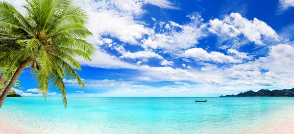 Tropisk Strand Panorama Exotisk Landskap Panoramautsikt Gröna Palmblad Båt Turkos — Stockfoto