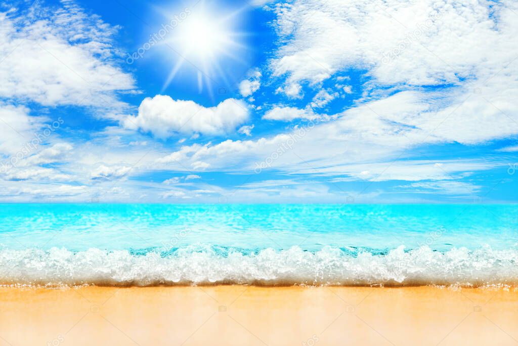 Beautiful tropical island beach panorama, turquoise sea water, ocean wave splash, yellow sand, sun blue sky white clouds, summer holidays, vacation concept, travel, Caribbean landscape panoramic view