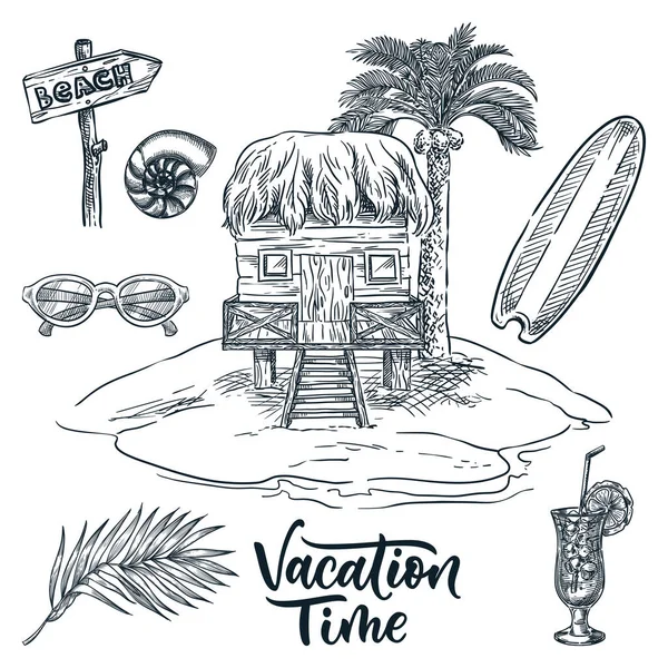 Dřevěný Bungalov Pod Palmami Tropickém Ostrově Vektorový Ručně Kreslený Náčrt — Stockový vektor