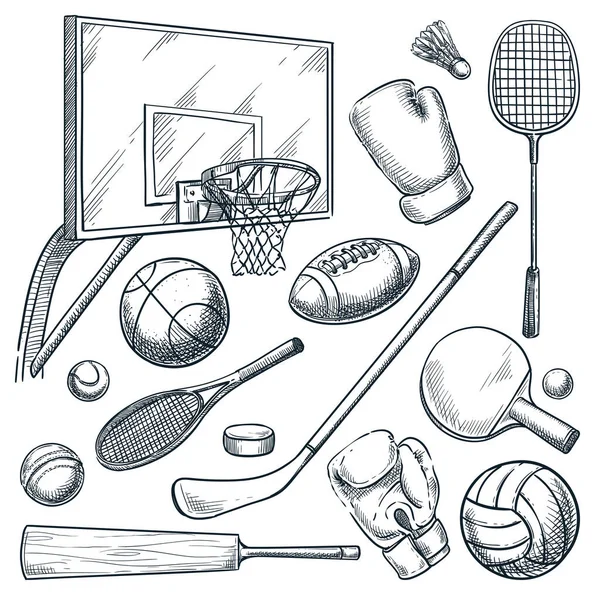 运动器材齐全 矢量手绘草图说明篮球 羽毛球 曲棍球 板球比赛 在白色背景上隔离的球 手套图标 — 图库矢量图片