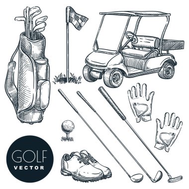 Golf sopası vektör el çizimi simgeler ve tasarım elemanları ayarlandı. Golf arabası, top, sopa, çanta ve aksesuar çizimi. Açık hava aktivitesi gibi şeyler.
