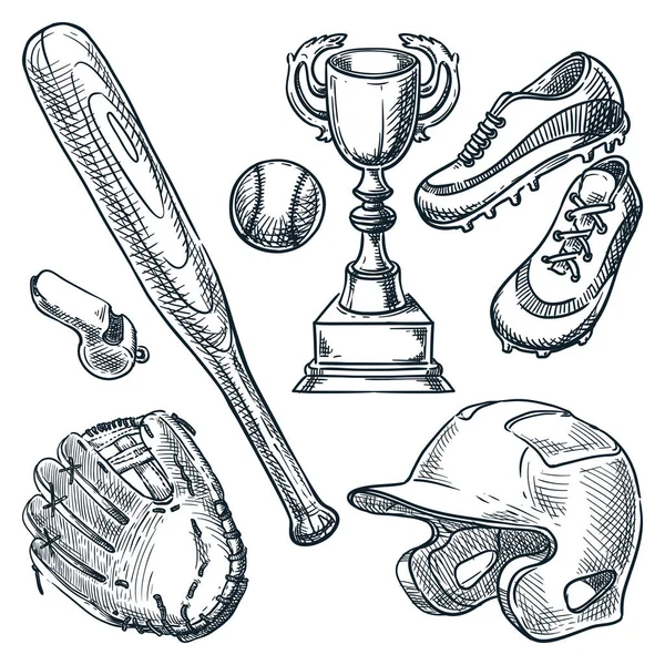 Equipamento Desportivo Basebol Vector Mão Desenhada Desenho Ilustração Bola Luva —  Vetores de Stock