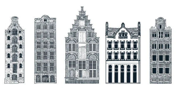 Stare Budynki Amsterdamie Odizolowane Białym Tle Ilustracja Skeczu Wektorach Podróż — Wektor stockowy