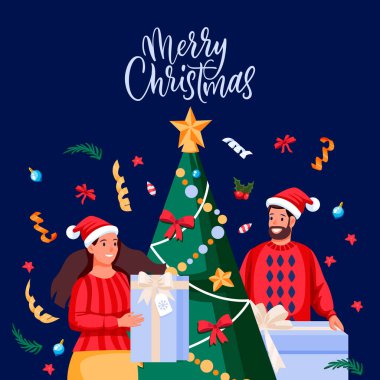 Noel ağacının yanında hediye taşıyan bayram kostümlü bir adam ve kadın. Mutlu aile yeni yıl kutlaması için hazırlanıyor. Vektör düz çizgi film genç çift karakter çizimi