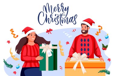 Bayram kostümü giymiş kadın ve erkek birbirlerine Noel hediyesi veriyorlar. Mutlu aile yeni yıl kutlaması için hazırlanıyor. Vektör düz çizgi film genç çift karakter çizimi