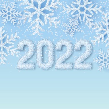 Yeni yılınız kutlu olsun. Gerçek kar taneleri olan soyut mavi arka planda beyaz kar sayıları. Zarif asgari afiş, poster, yeni yıl için tebrik kartı şablonu. Vektör illüstrasyonu.