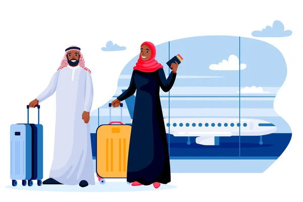 Utazó Arab Férfi Bőröndökkel Arab Muszlim Fiatal Boldog Pár Hagyományos — Stock Vector