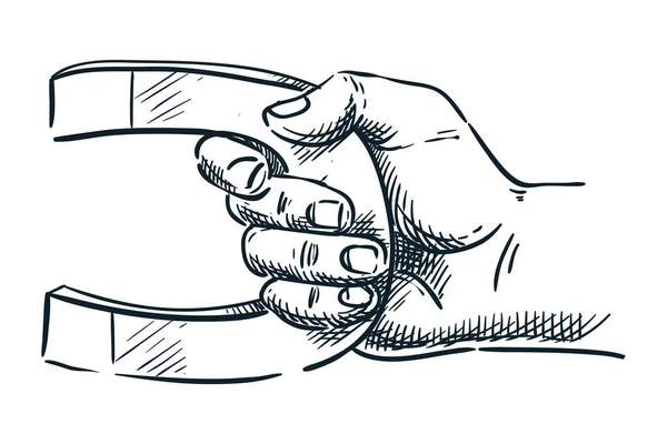 İnsan eli mıknatısı. Vektör el çizimi çizimi çizimi. Doodle simgesi, beyaz arkaplanda izole edilmiş. Soyut iş, pazarlama cazibesi veya bilim konsepti