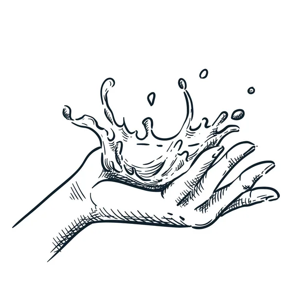 Salpicos Água Limpa Mão Humana Vector Mão Desenhada Desenho Ilustração — Vetor de Stock