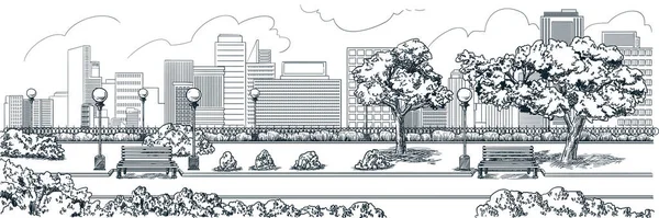 Edifici Cittadini Paesaggio Del Parco Schizzo Disegnato Mano Vettoriale Illustrazione — Vettoriale Stock