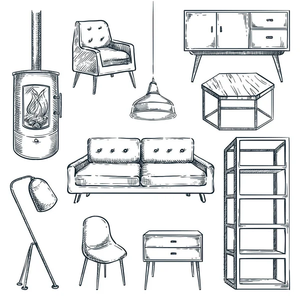 リビングルームのモダンな家具のアイコンを設定します ベクトル手描きスケッチイラスト 白地に隔離されたインテリアデザイン要素 居心地の良い現代的なロフト家具コレクション — ストックベクタ