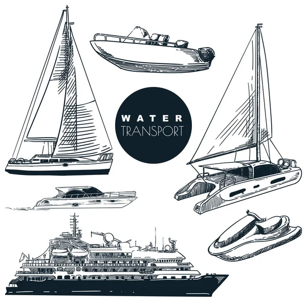 Συλλογή Στοιχείων Σχεδίασης Πλοίων Μεταφοράς Νερού Εικονογράφηση Σκίτσο Διάνυσμα Στοιχεία — Διανυσματικό Αρχείο