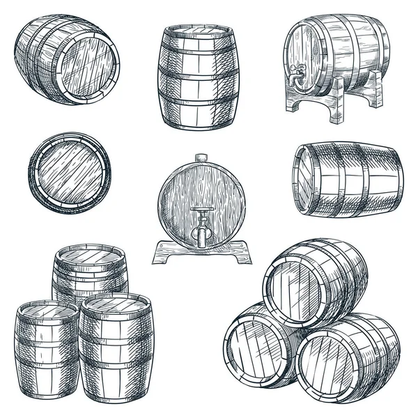 木桶老式图标设置 矢量手绘草图 葡萄酒 威士忌 容器隔离在白色背景 旧酒厂设计元素 — 图库矢量图片