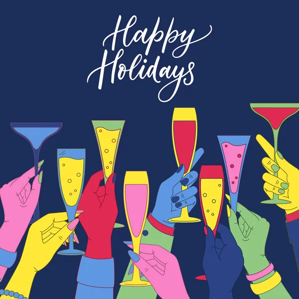 人类五颜六色的手拿着酒杯和酒 香槟和鸡尾酒 矢量平面卡通画 男人和女人欢呼庆祝节日 横幅或海报流行背景 — 图库矢量图片
