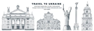 Travel to Ukraine hand drawn landmarks design elements. Vector sketch illustration of Monument of Independence, Motherland, Sophia Cathedral, Lviv and Odess Theatre. Famous symbols on white background