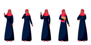 Geleneksel giysiler içinde, beyaz arka planda soyutlanmış Arap genç ve mutlu bir kadın. Vektör düz çizgi film karakterleri çizimi. Kitap okuyan, telefonla konuşan, düşünen Müslüman bir kadın.