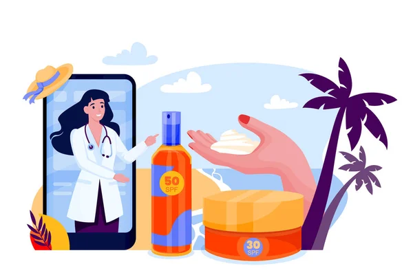 Cosmetologist Doctor Recommends Using Sunblock Cosmetics Summer Woman Hand Phone — Stock Vector